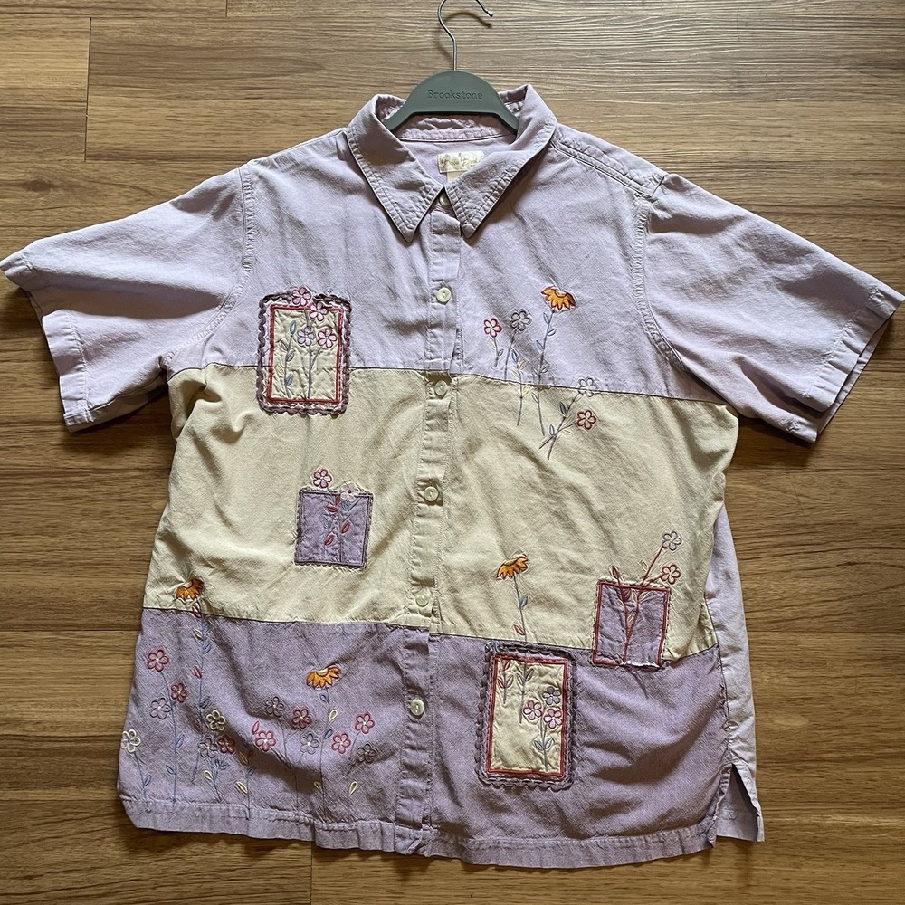 Vtg Bobbie Brooks Shirt XL Short Sleeve Button Up Embroidered Flowers Read